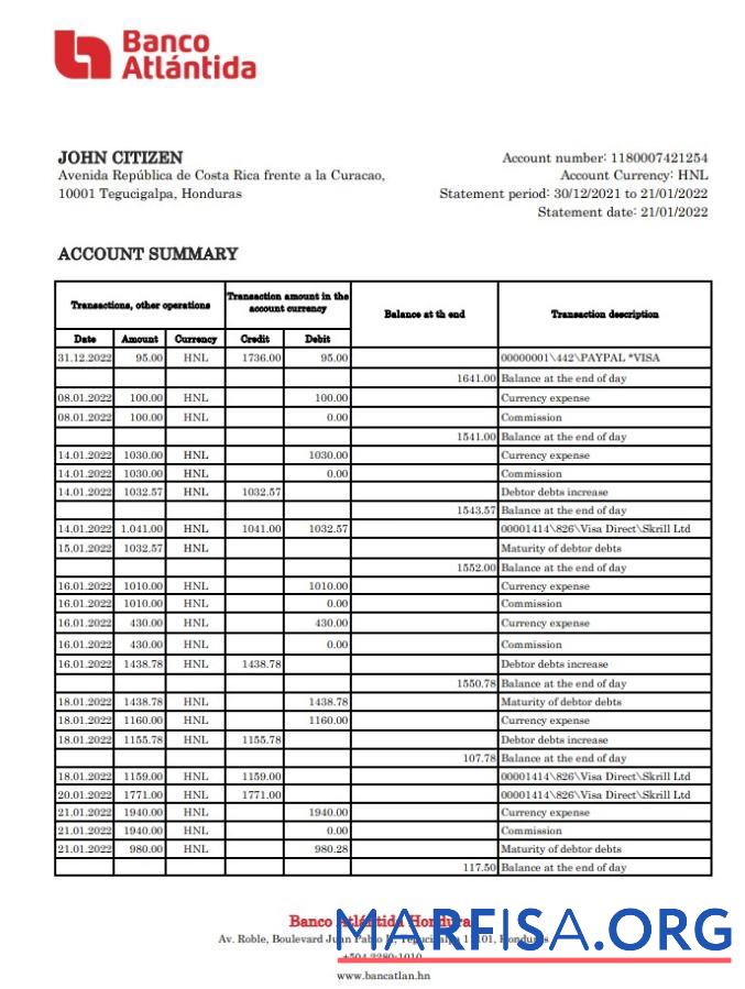 Downloadable Honduras Banco Atlantida bank statement excel real example